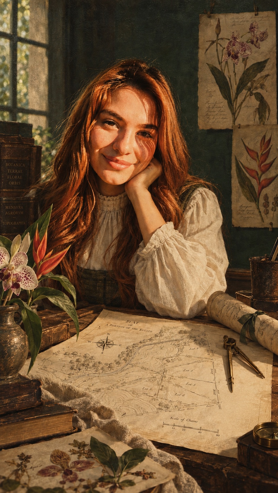 Yeraldin Soto at her work table, a land plat and an orchid in front of her, botanical plates behind